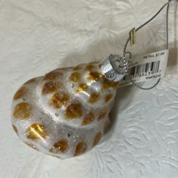 Conch Shell Coastal Beach Christmas Glass Glitter Ornament Brown White 4"x2.5" - Picture 3 of 5